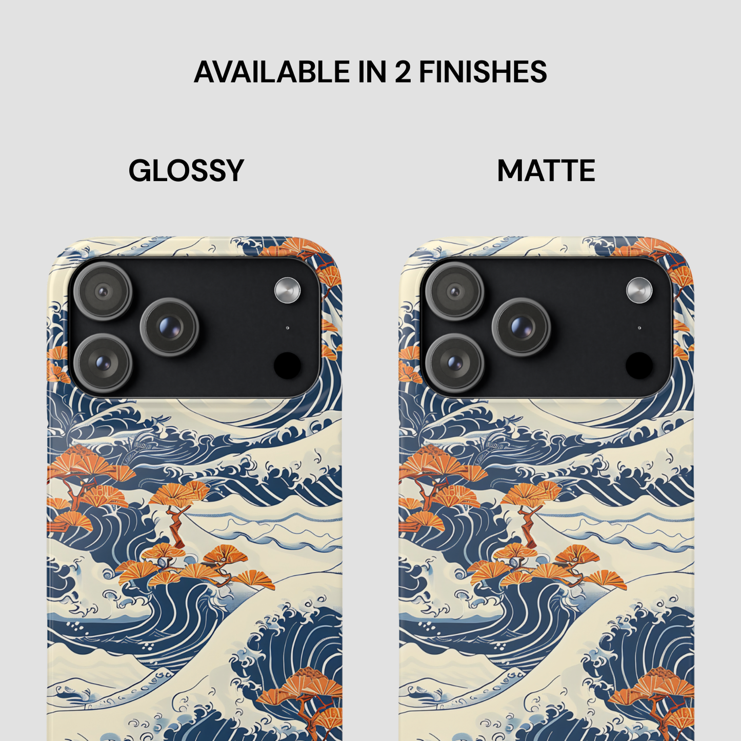 Two phone cases with wave and tree design, one glossy and one matte, on a light gray background. | Casenari