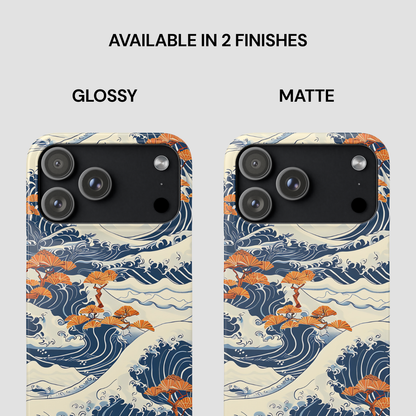 Two phone cases with wave and tree design, one glossy and one matte, on a light gray background. | Casenari