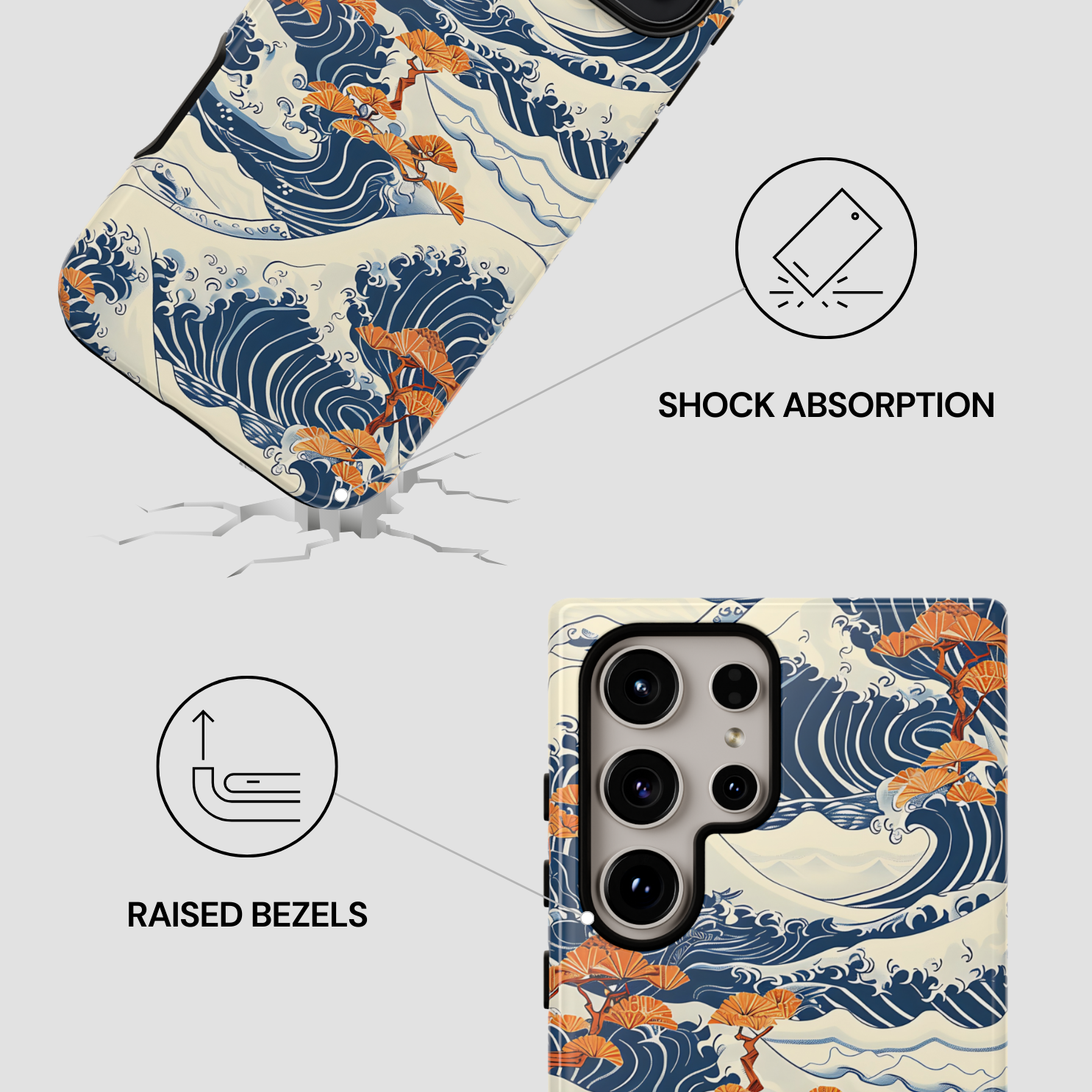 Phone case with wave and fish design, shock absorption, and raised bezels features. | Casenari