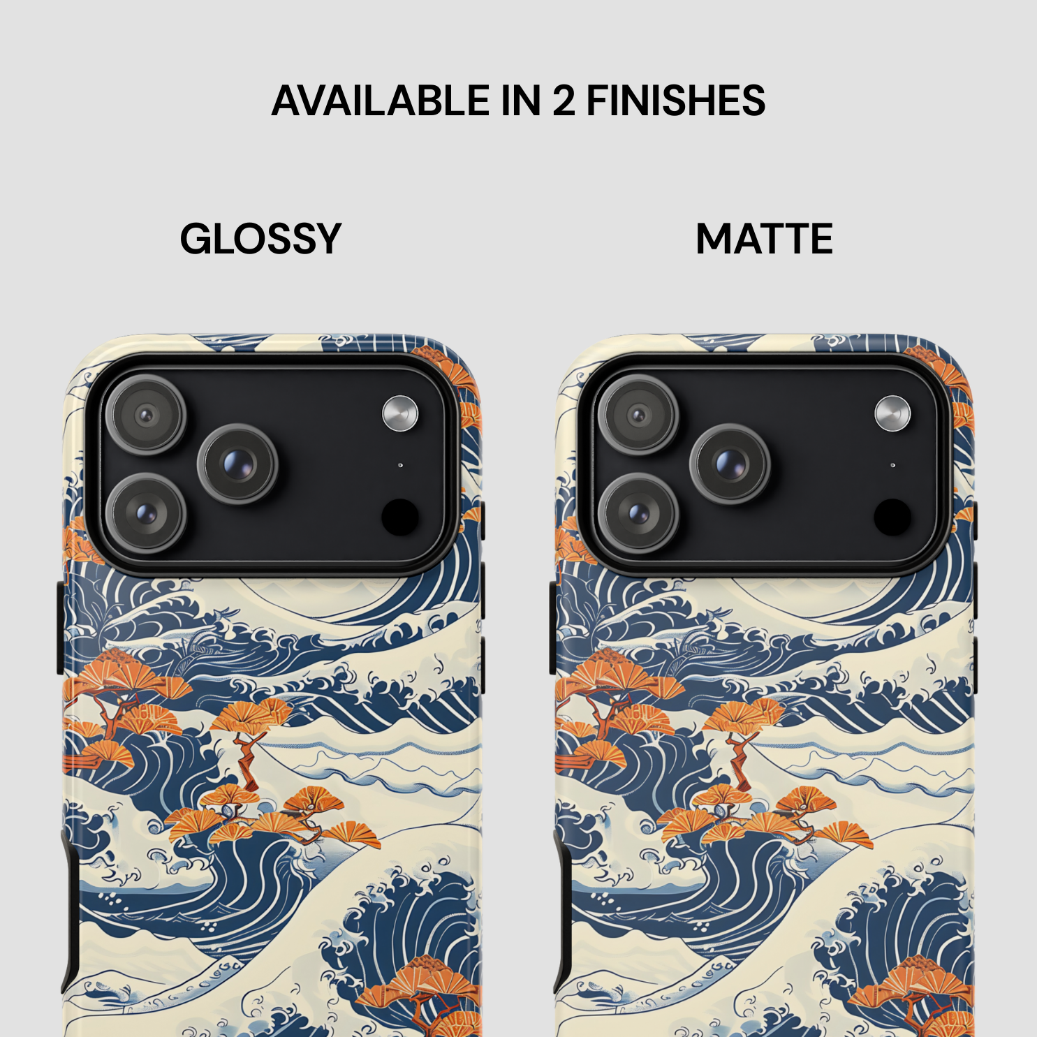 Two phone case designs with wave and tree pattern, labeled 'Glossy' and 'Matte'. | Casenari