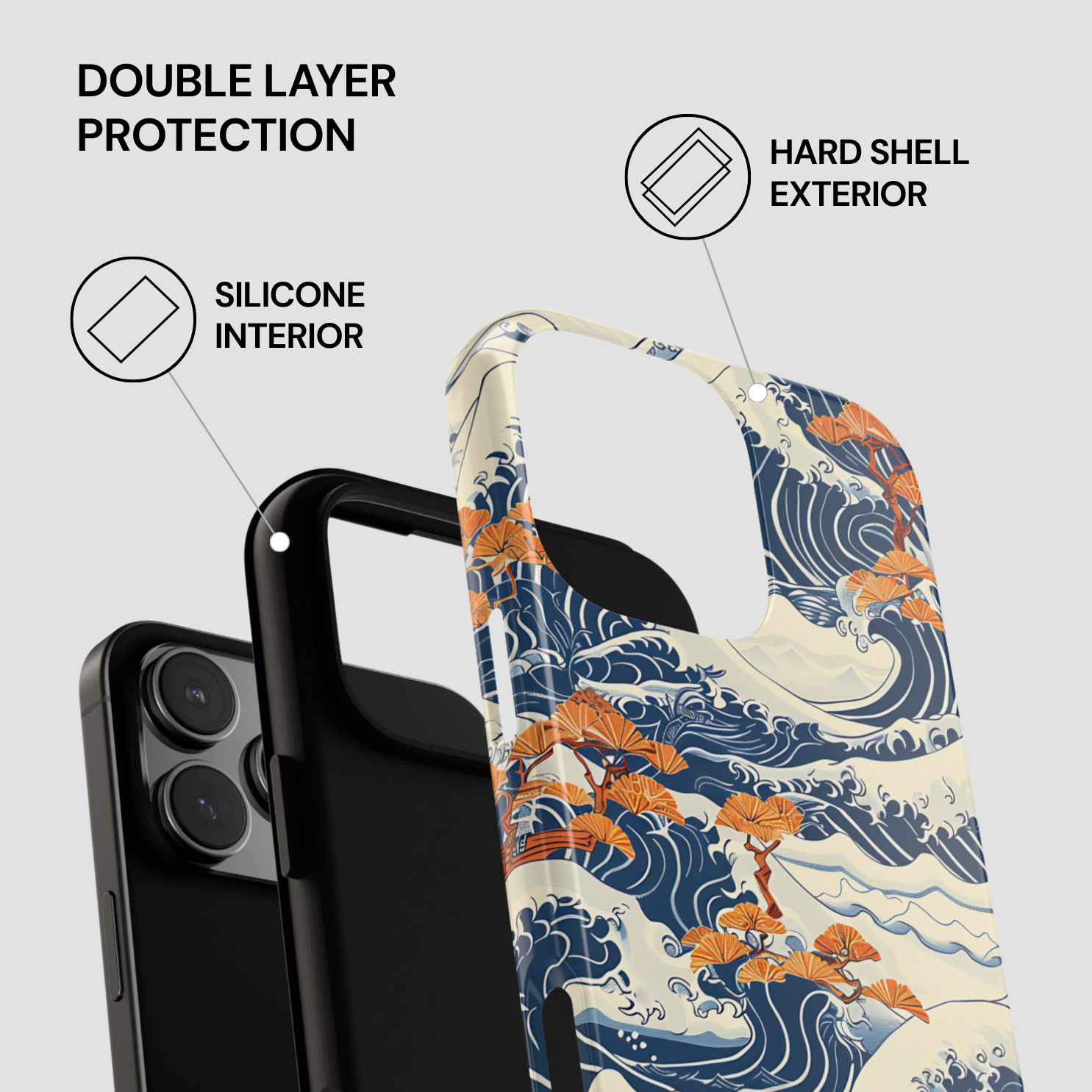 Phone case with wave design and text highlighting double layer protection on a gray background | Casenari