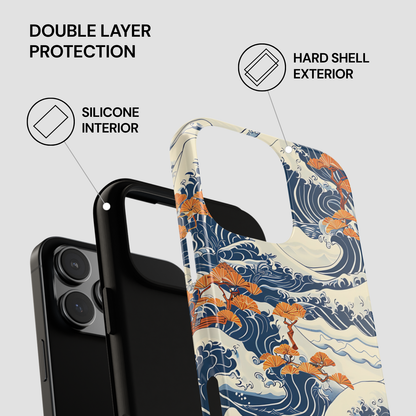 Phone case with wave design and text highlighting double layer protection on a gray background | Casenari