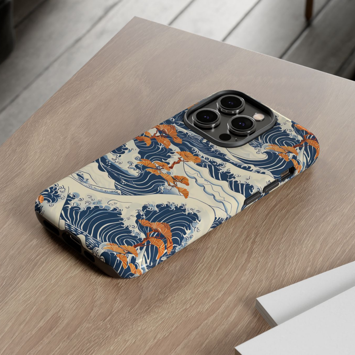 Phone case with wave design on a wooden surface | Casenari