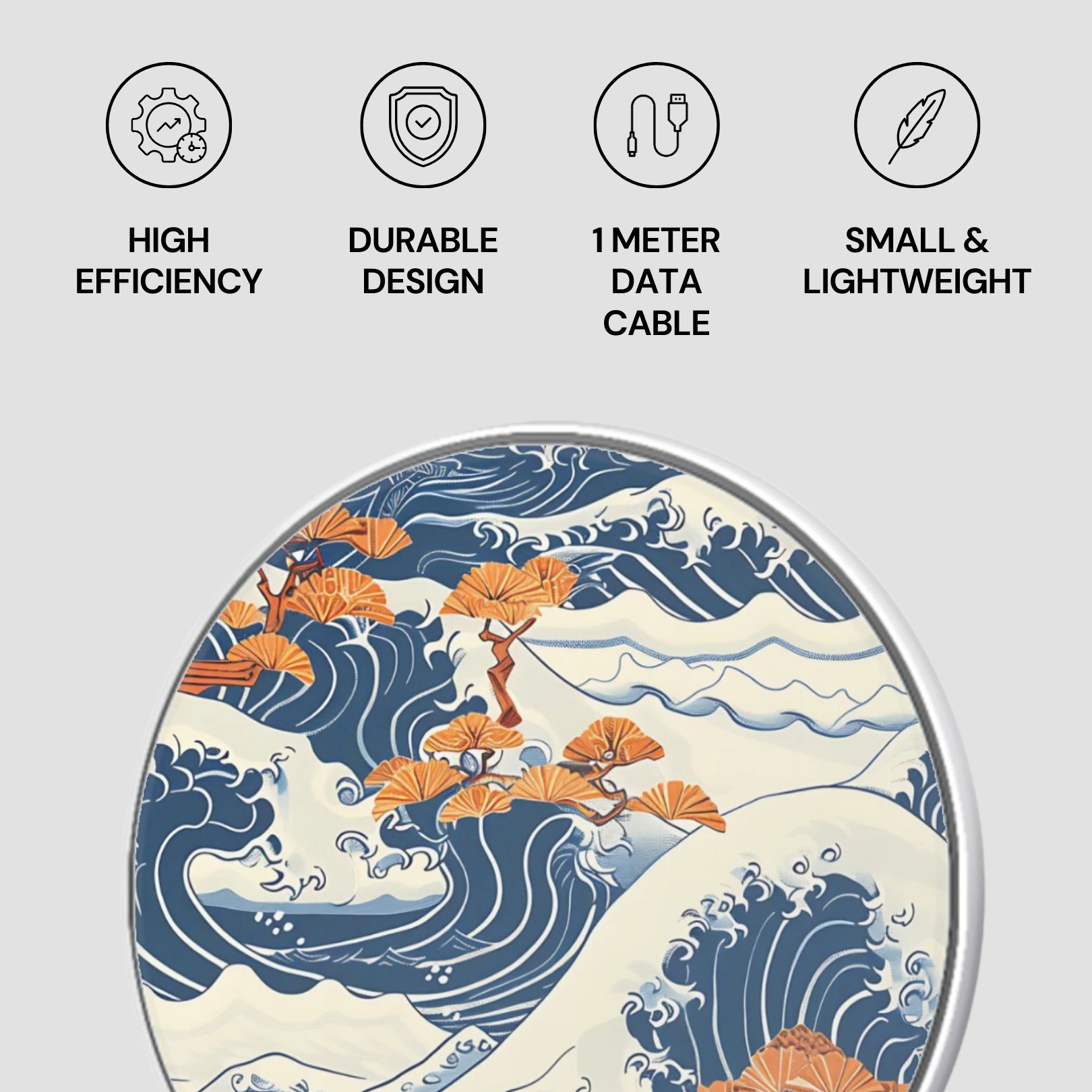 Product design with wave pattern and icons labeled 'High Efficiency', 'Durable Design', '1 Meter Data Cable', and 'Small & Lightweight'. | Casenari