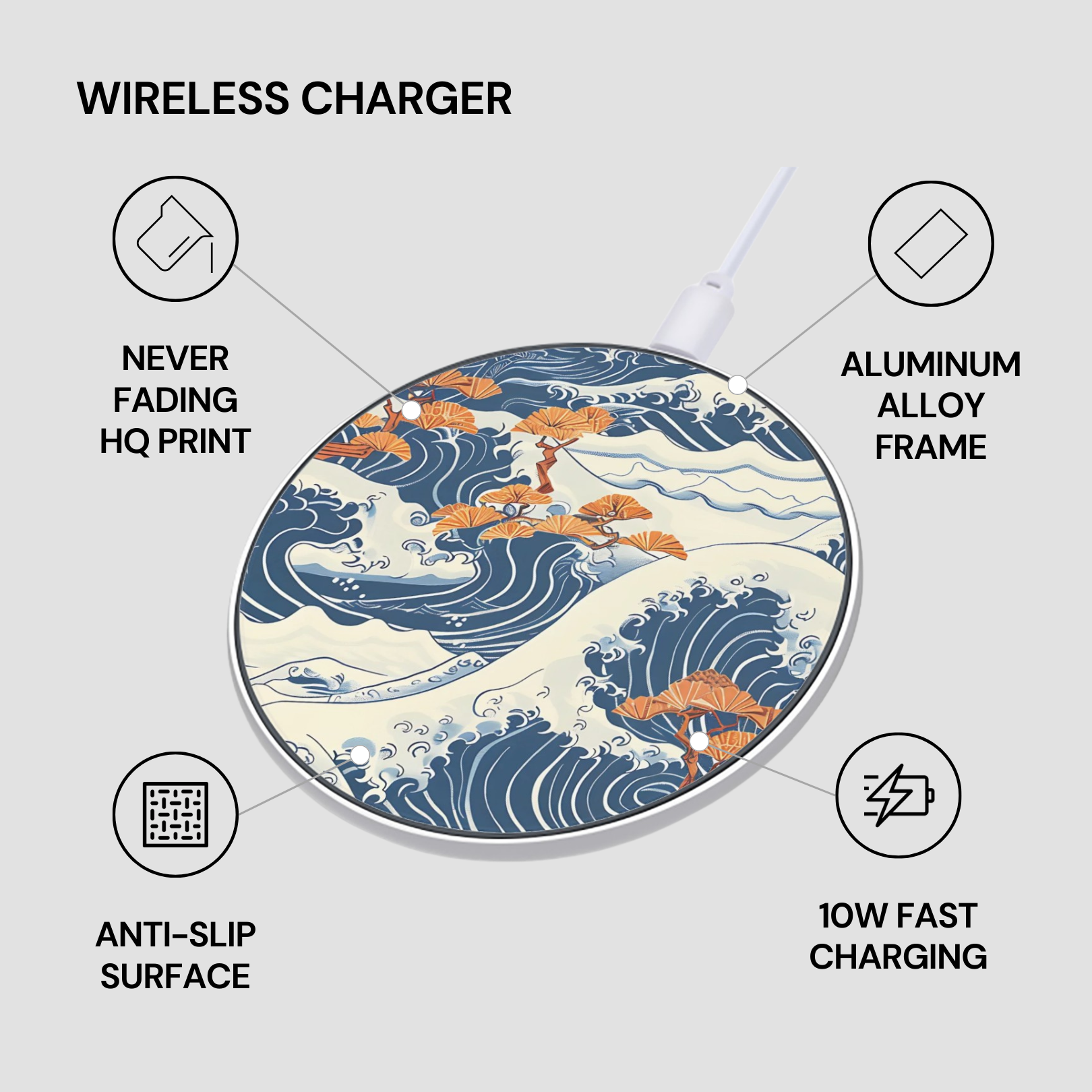 Wireless charger with wave design and feature text on a light gray background | Casenari