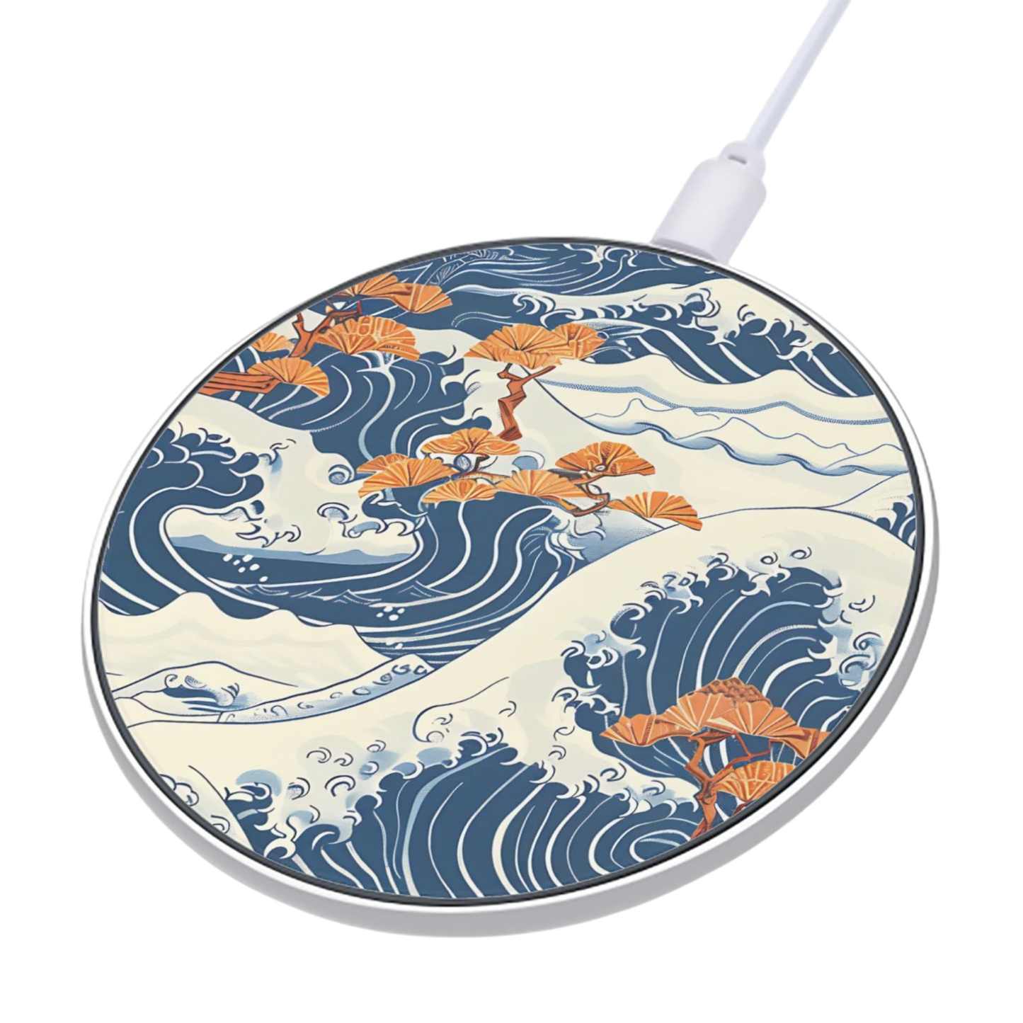 Wireless charger with wave and floral design on a white background | Casenari