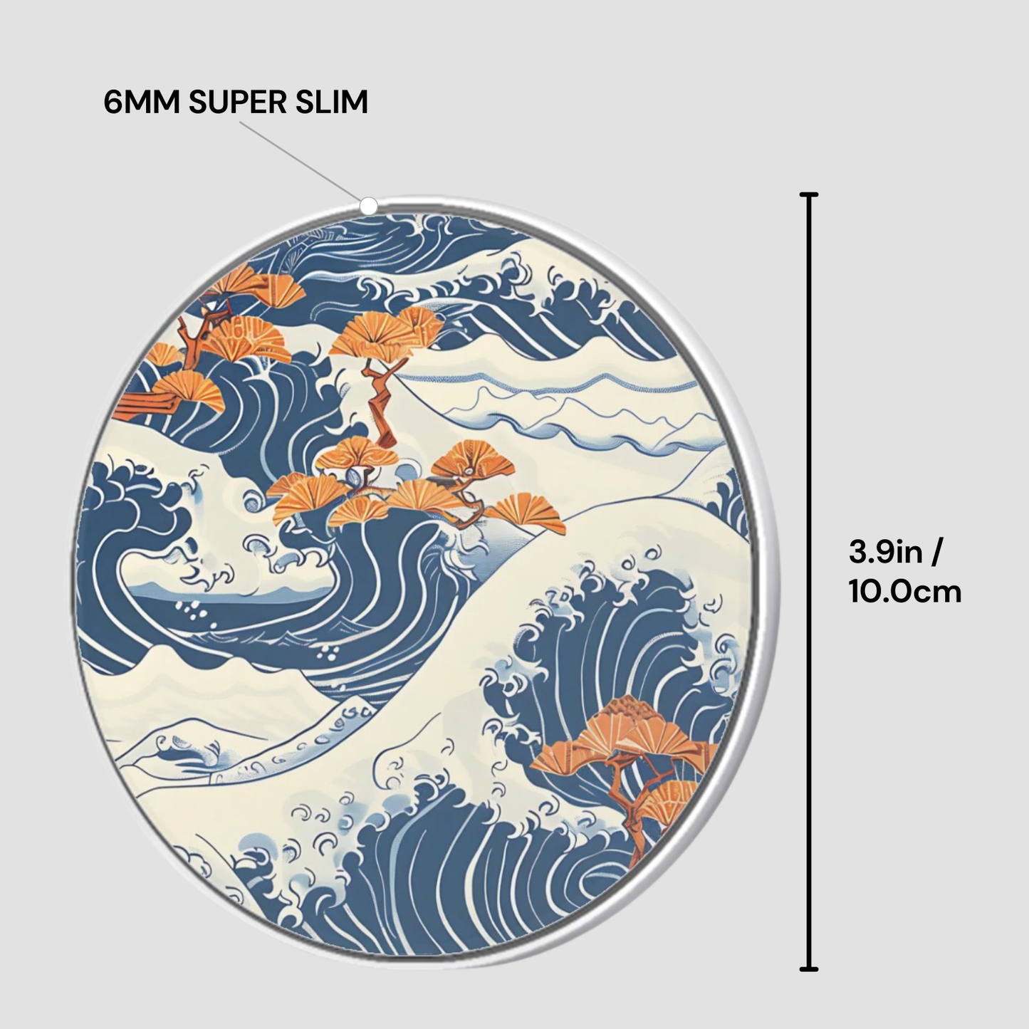 Circular product with wave design and measurement details on a gray background | Casenari