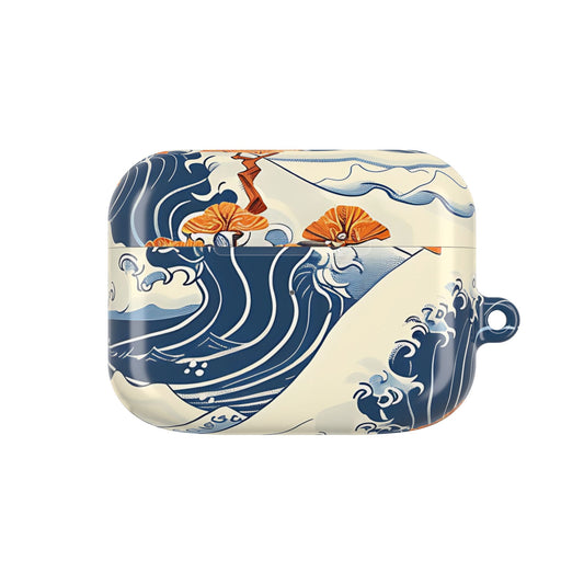 AirPods case with wave and flower design on a white background