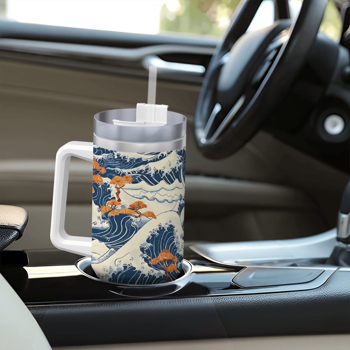 Decorative mug with wave design on a car dashboard | Casenari
