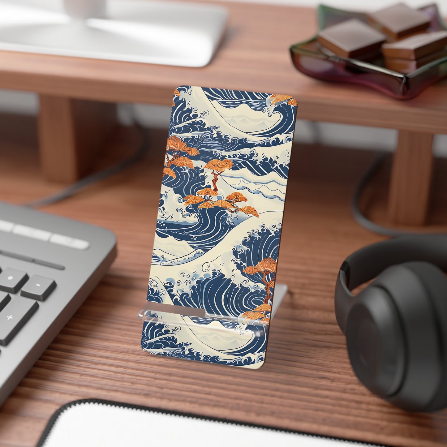 Phone case with wave design on a desk with keyboard and headphones | Casenari