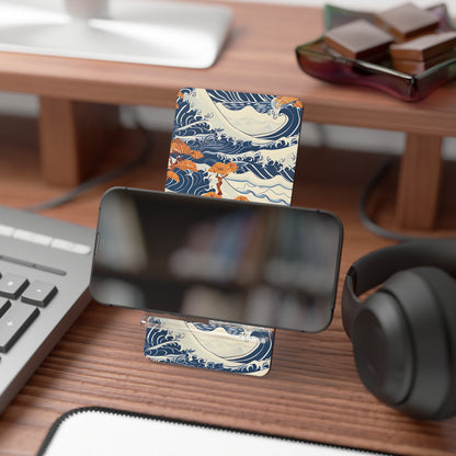 Phone stand with wave design on a desk with keyboard, headphones, and books.