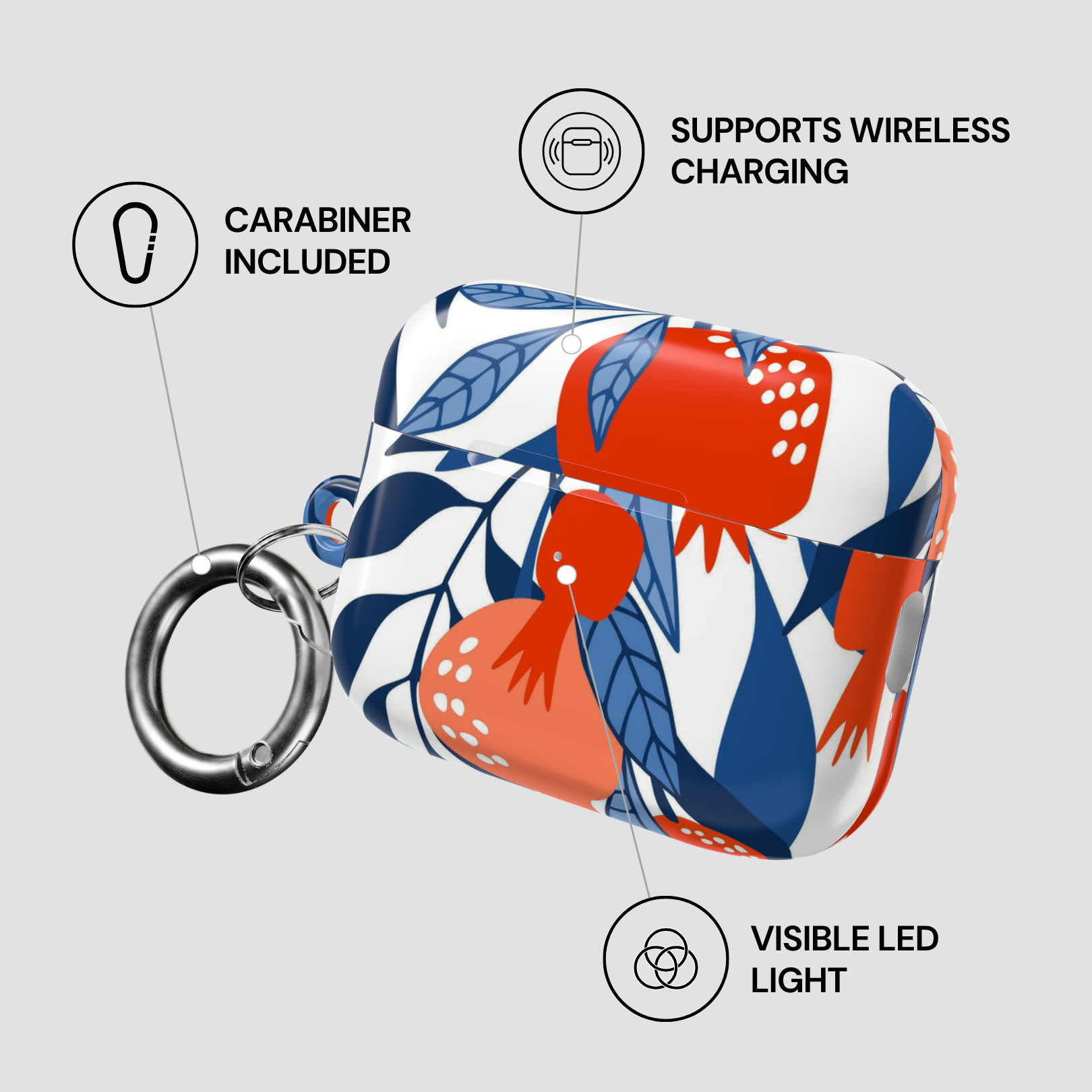 Colorful floral-patterned case with carabiner and wireless charging features on a gray background