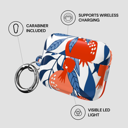Colorful floral-patterned case with carabiner and wireless charging features on a gray background