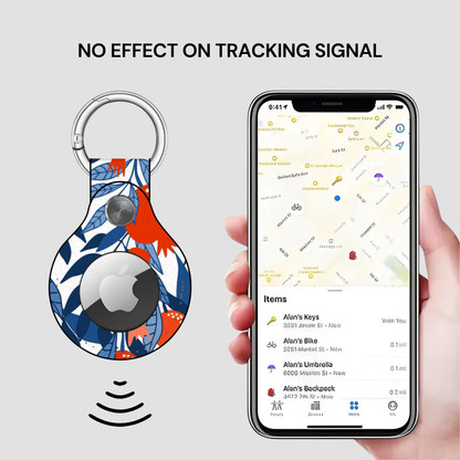 Smart keychain with tracking app on smartphone displaying location information