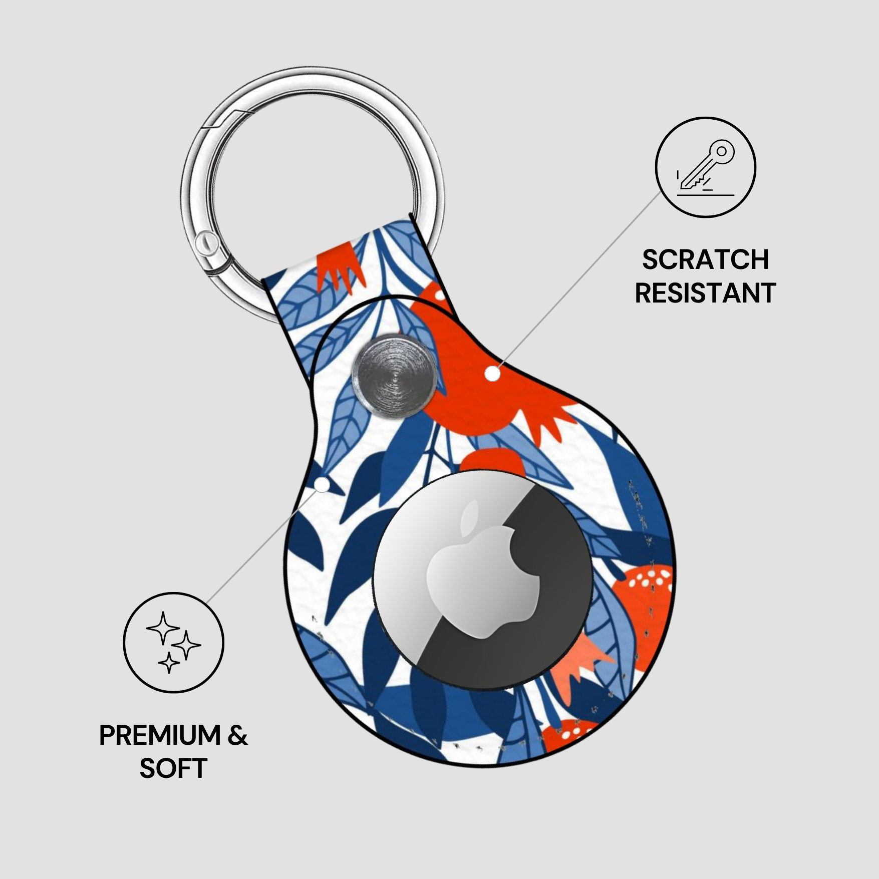 Keychain case with Apple logo design on a gray background