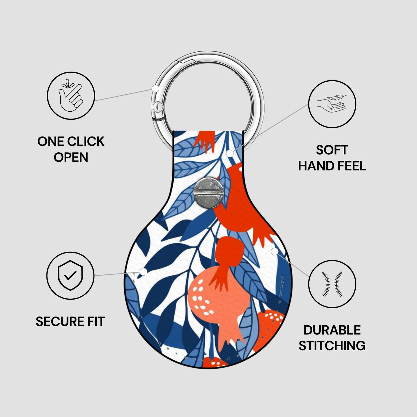 Keychain with floral design on a gray background, featuring text on features.