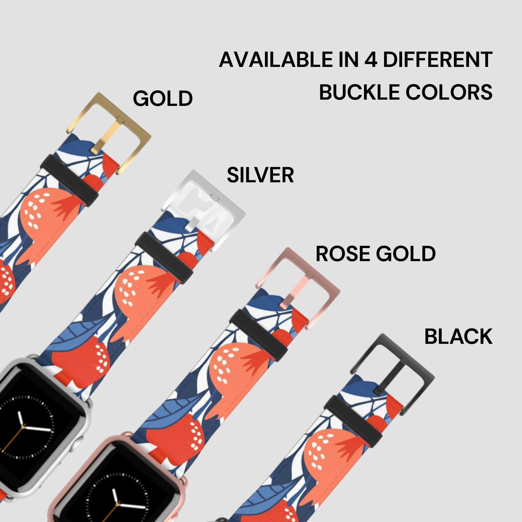 Watch strap with floral pattern and color options labeled on a light gray background