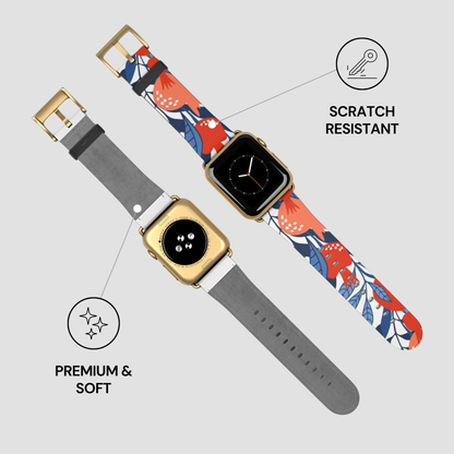 Smartwatch with a floral strap on a light gray background, featuring scratch-resistant and premium soft properties.