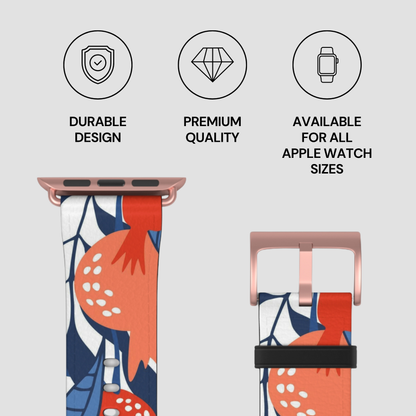 Watch band with floral design and text highlighting durability, quality, and compatibility on a light gray background.