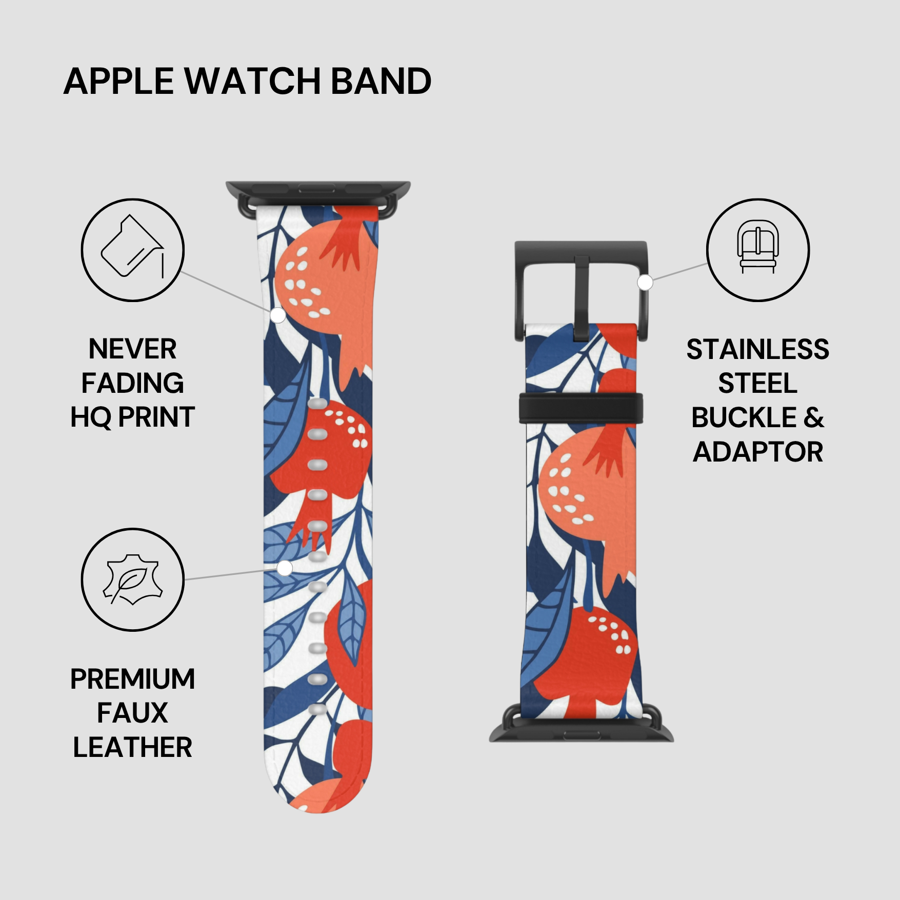 Apple watch band with floral design on a gray background