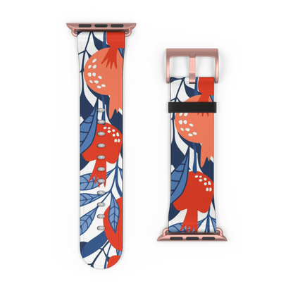 Floral patterned watch band with rose gold clasp on a white background