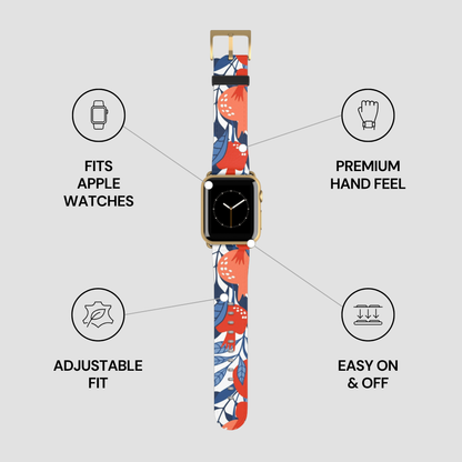 Floral patterned watch band with features listed on a gray background