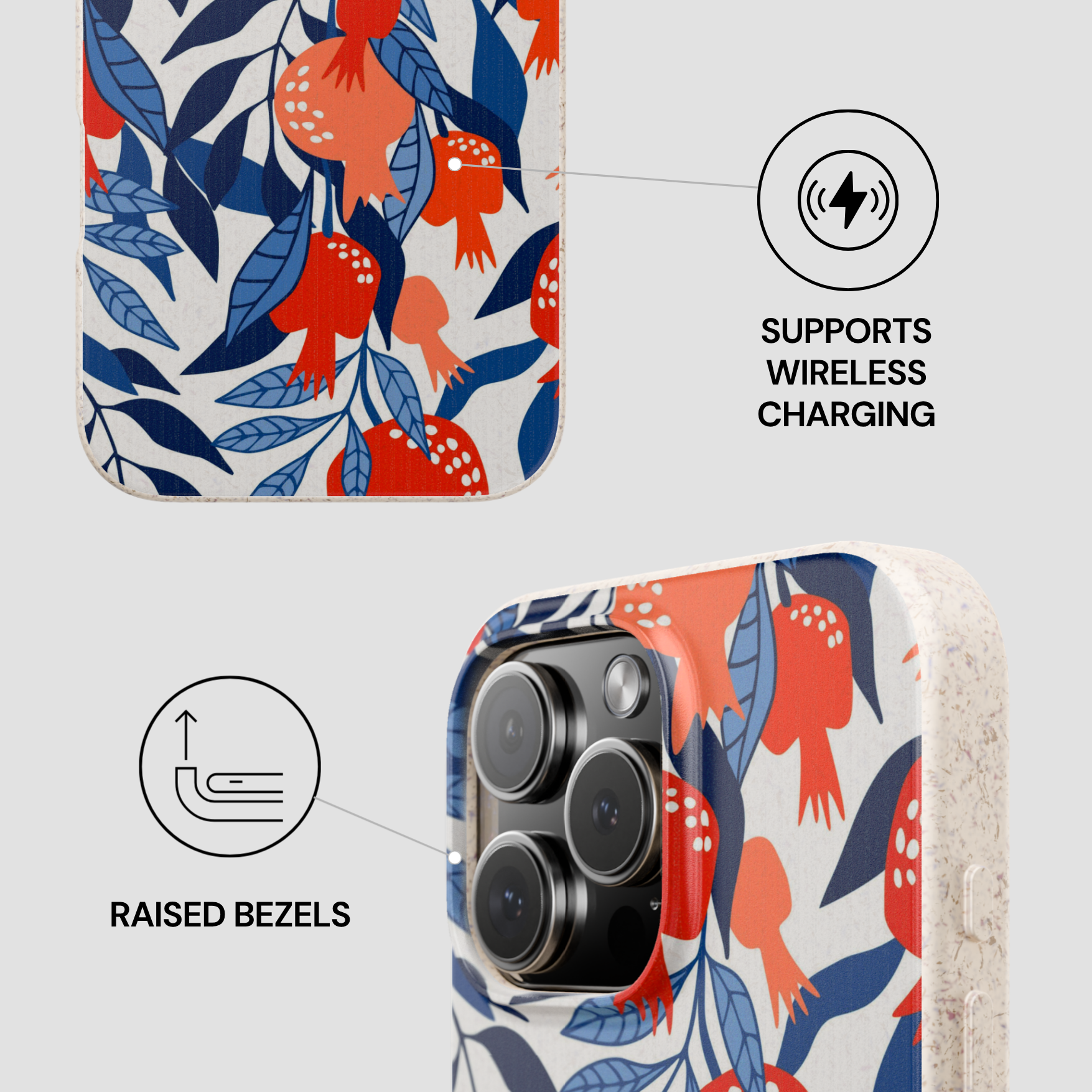 Phone case with pomegranate pattern, wireless charging symbol, and raised bezels text on a light gray background.