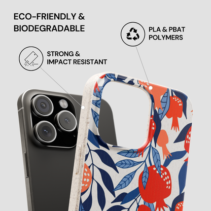 Floral patterned phone case with eco-friendly and biodegradable features on a gray background