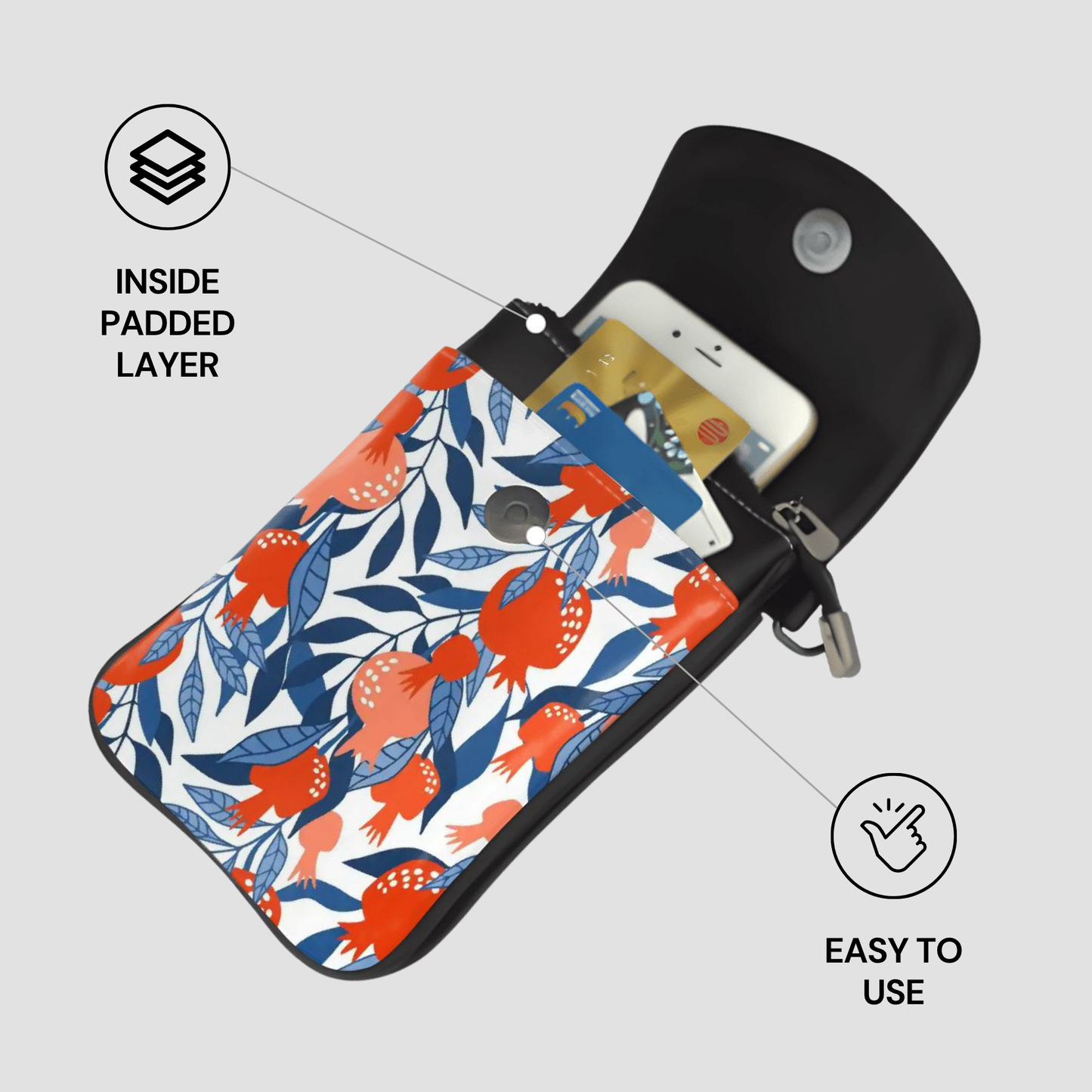 Patterned pouch with phone and card, labeled 'Inside Padded Layer' and 'Easy to Use'.