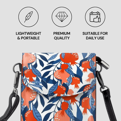 Floral patterned bag with features labeled on a light gray background