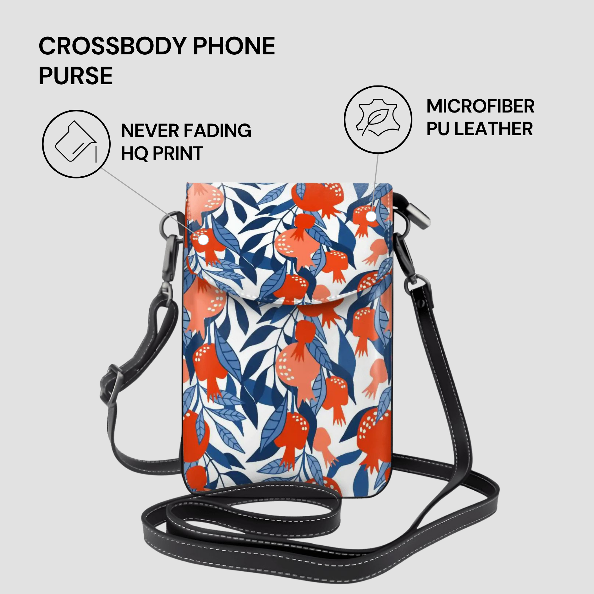 Floral crossbody phone purse with features listed on a light gray background
