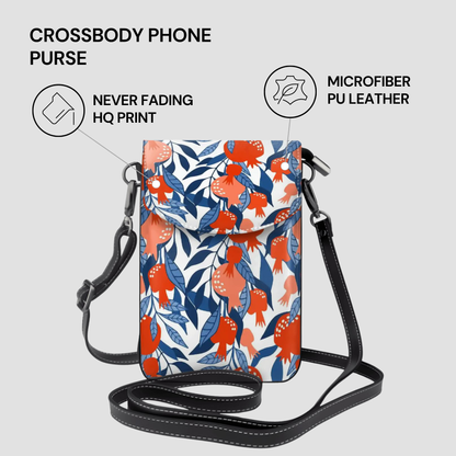 Floral crossbody phone purse with features listed on a light gray background
