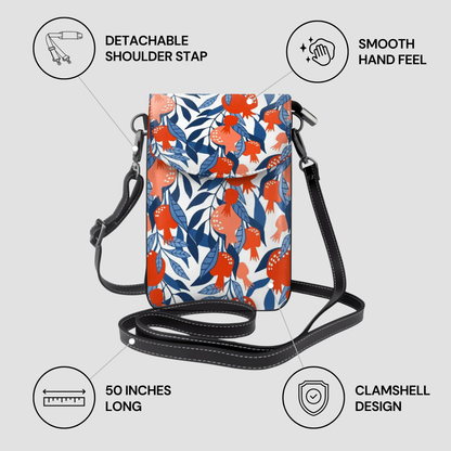 Floral patterned crossbody bag with features highlighted on a light gray background