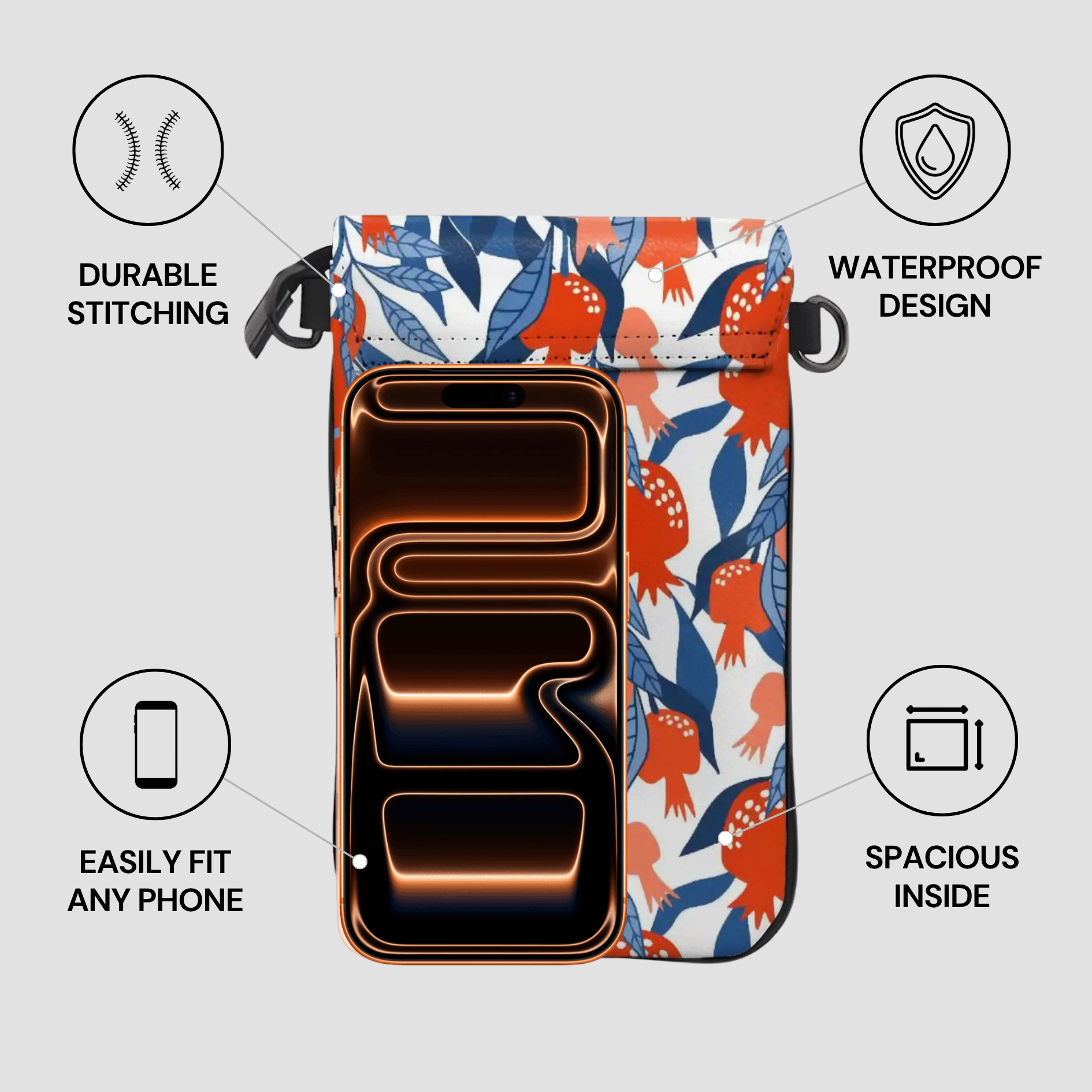 Phone case with floral design and features highlighted on a gray background