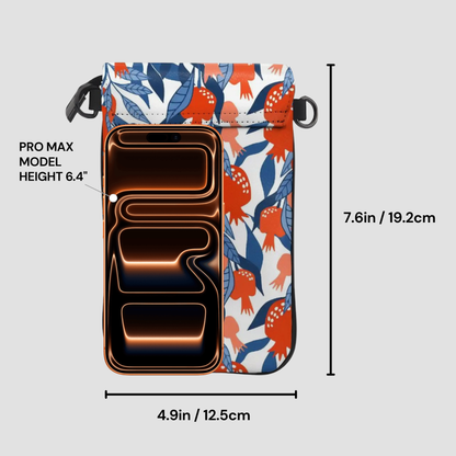 Phone case with floral design and measurements on a light gray background