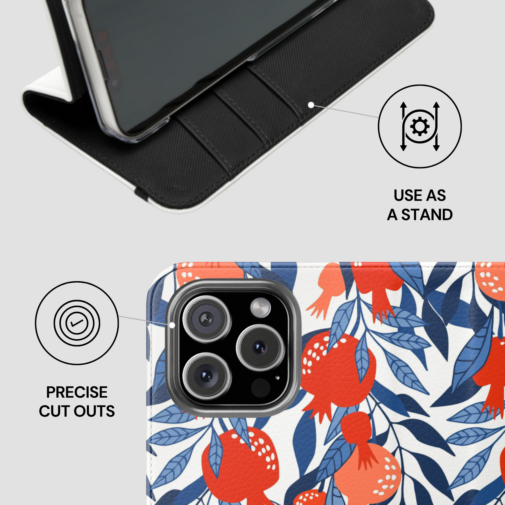 Phone case with floral design and stand feature on a white background