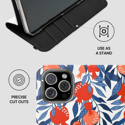 Phone case with floral design and stand feature on a white background