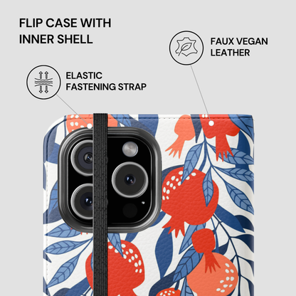 Floral patterned phone case with features highlighted on a gray background
