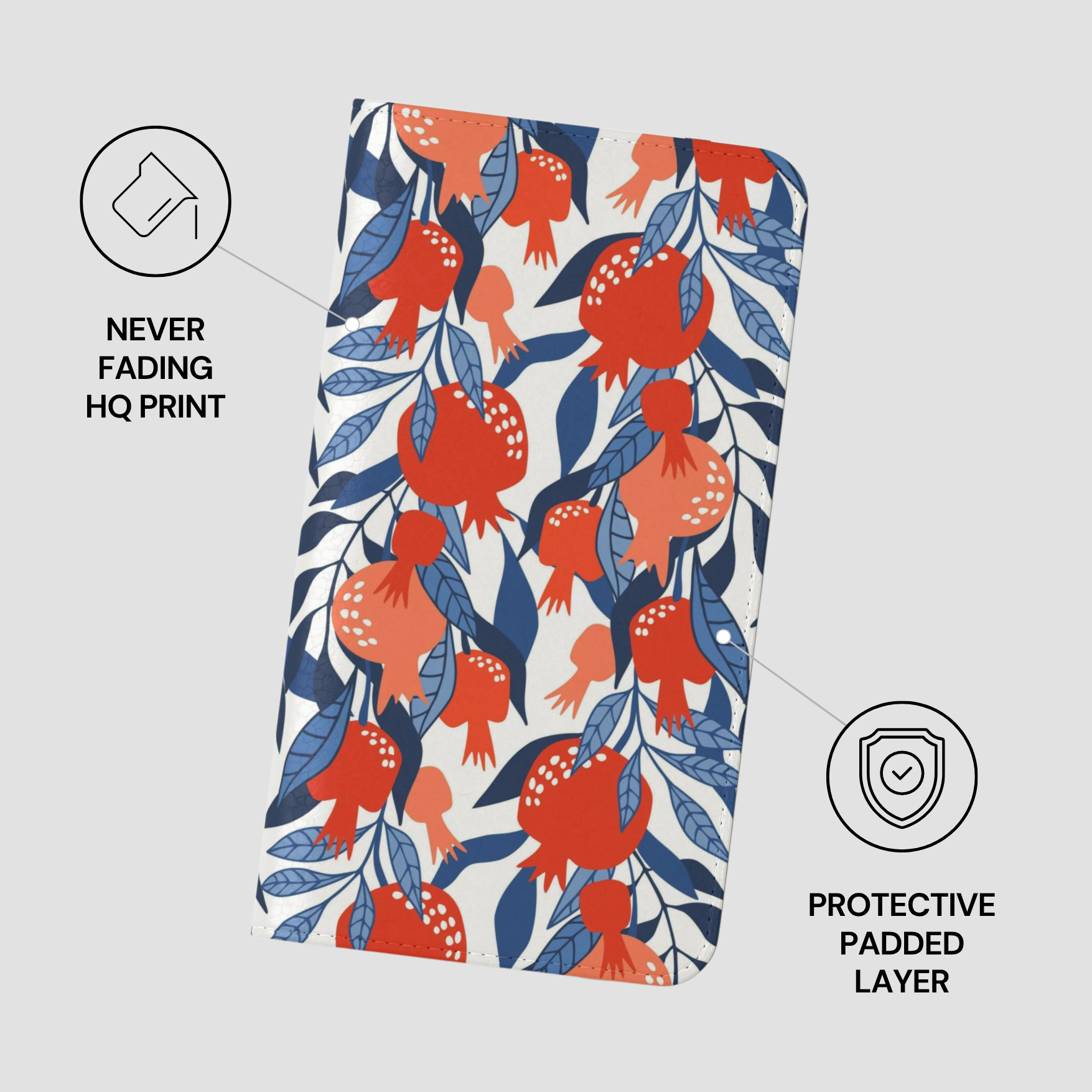 Product packaging with pomegranate design and text about print quality and padding.
