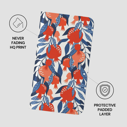 Product packaging with pomegranate design and text about print quality and padding.