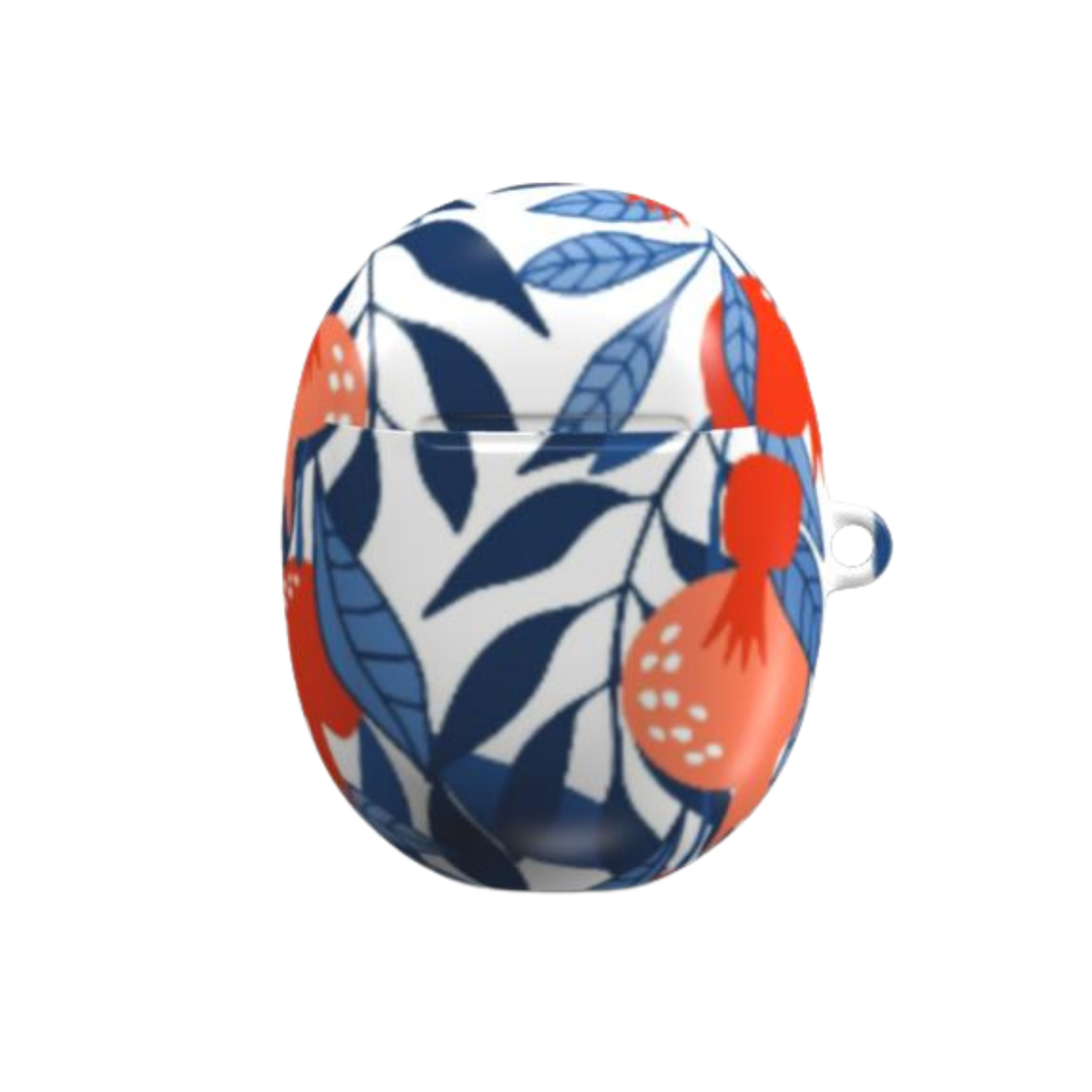 Earpod case with blue and red floral pattern on a white background