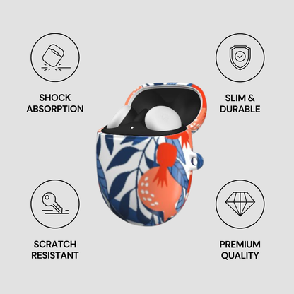 Colorful floral-patterned case for wireless earbuds with feature icons on a light gray background