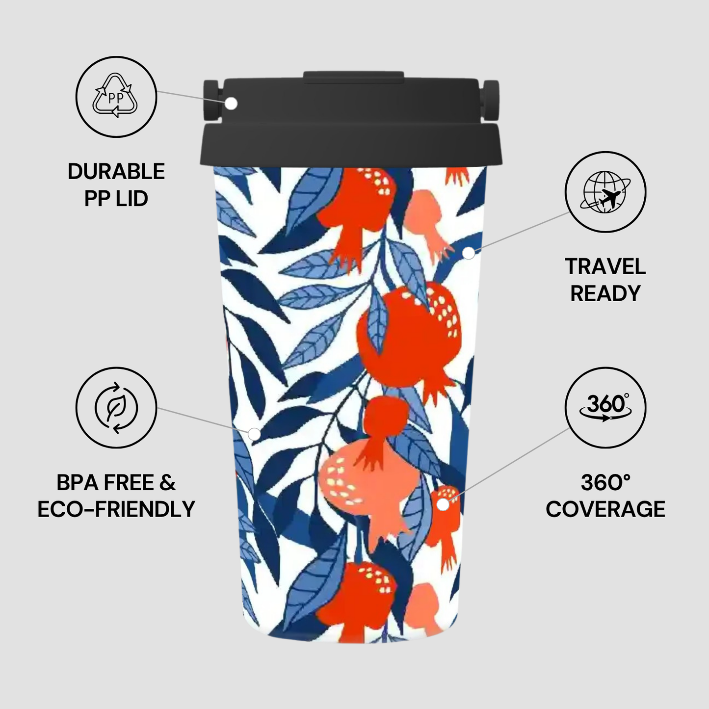 Tumbler with floral design and features listed on a light gray background