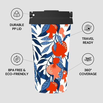 Tumbler with floral design and features listed on a light gray background