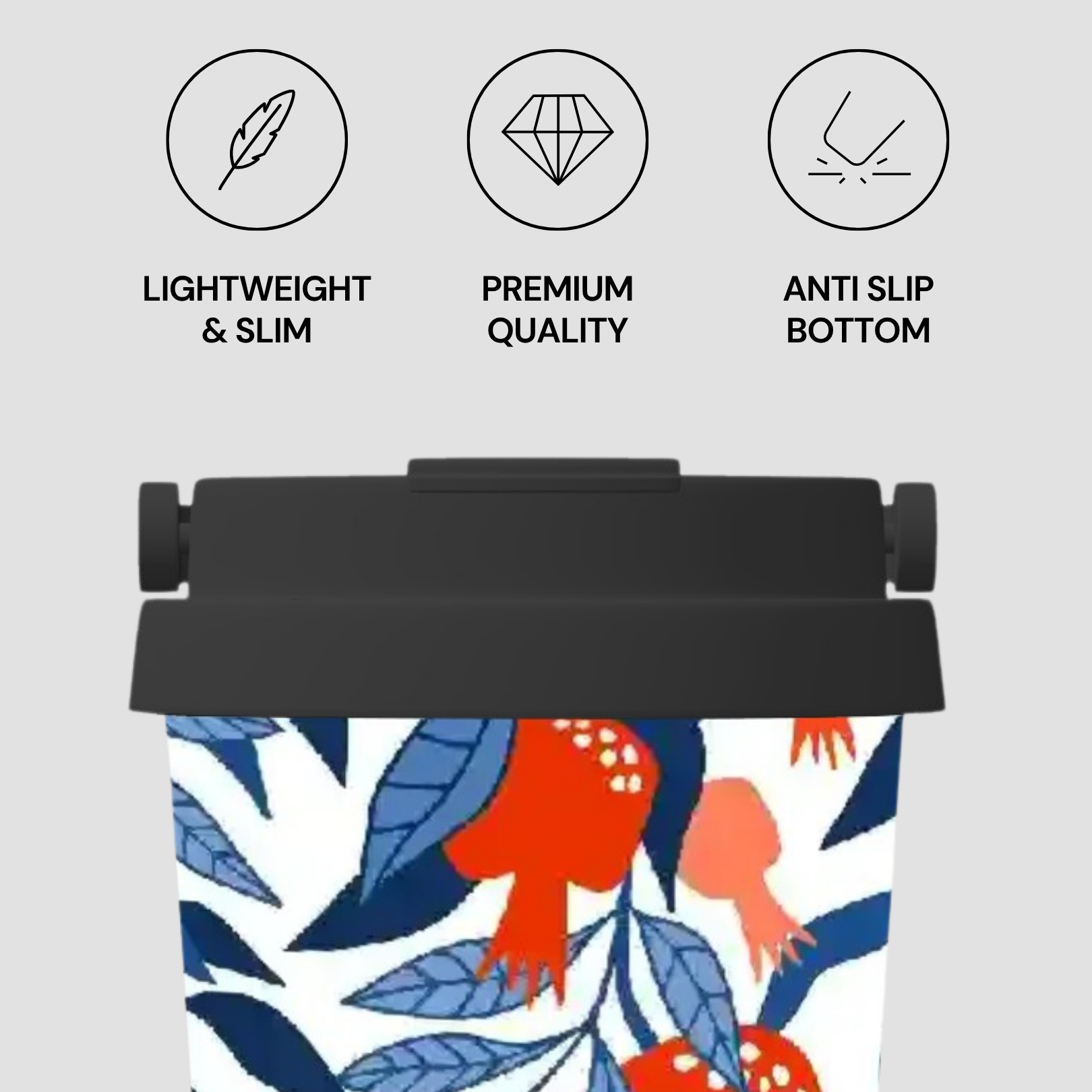 Product with floral design and text labels for lightweight, premium quality, and anti-slip bottom on a light gray background.