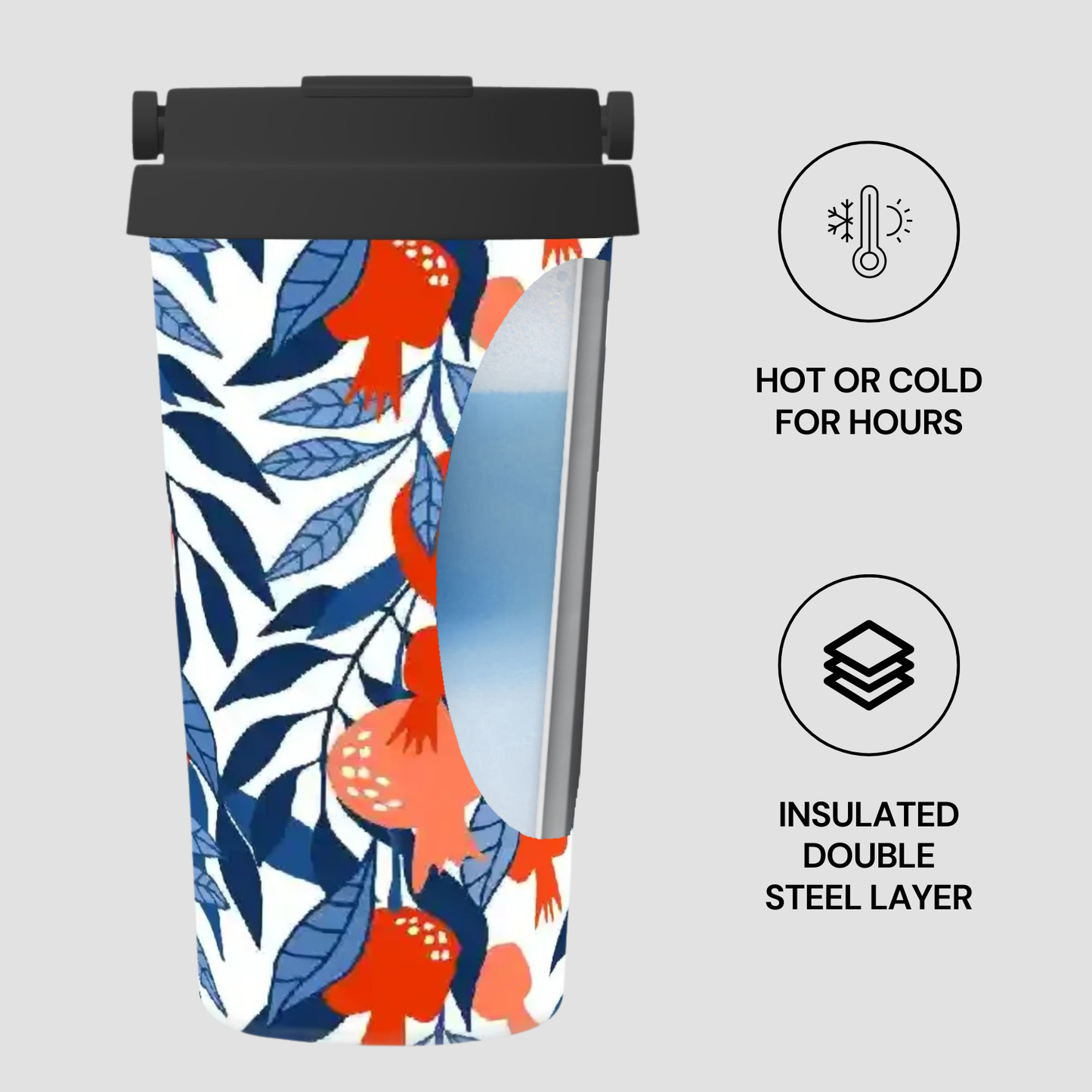 Tumbler with floral design and insulated features on a light gray background