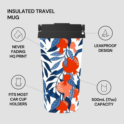 Insulated travel mug with pomegranate design and features listed on a gray background