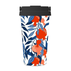 Tumbler with pomegranate and leaf pattern on a white background