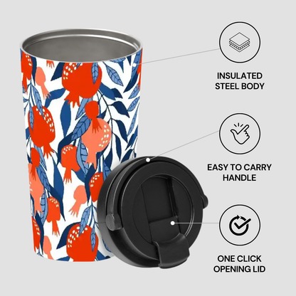 Insulated steel tumbler with floral design, black lid, and features listed on a gray background
