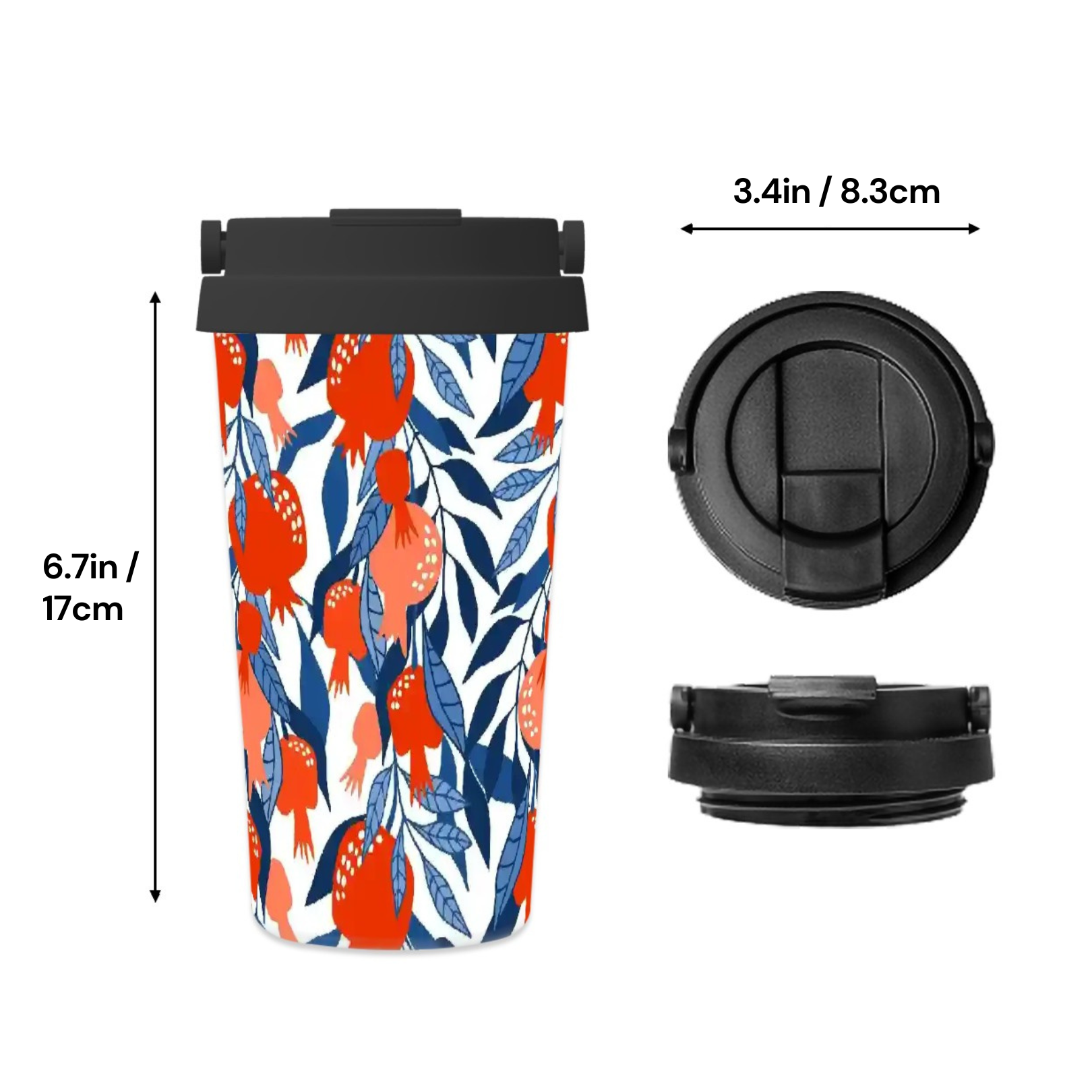 Floral-patterned travel mug with black lid, measurements indicated.